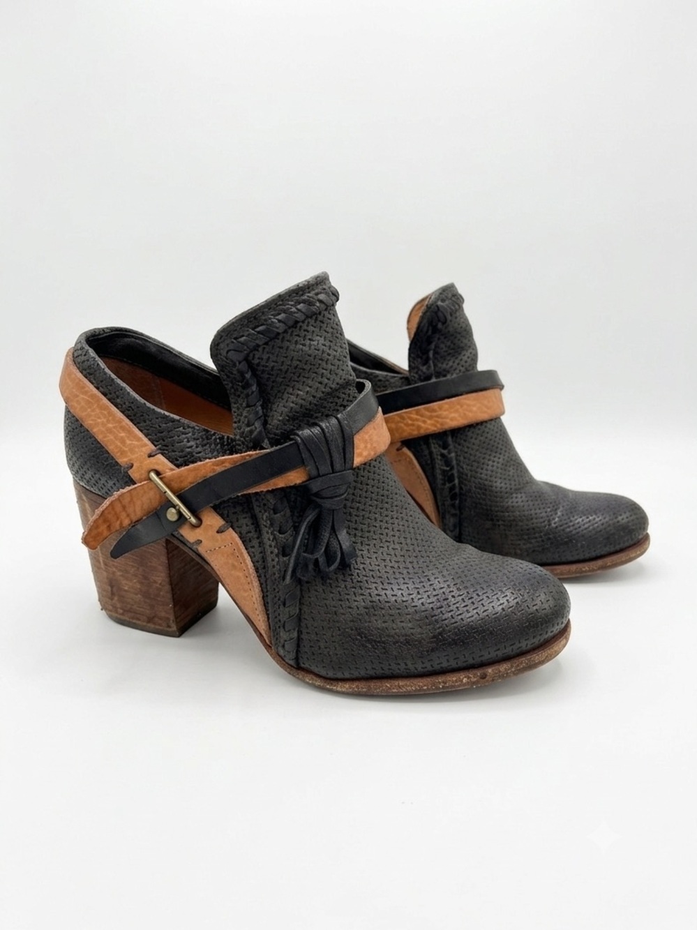 AS 98 Woven Distressed Leather Buckle Ankle Boots Size 38 Fits US 7.5